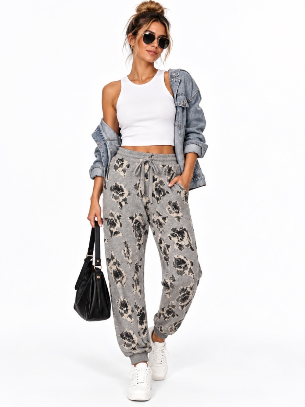 Saturday Sunday Gray Black Cream Floral Drawstring Jogger Pants W/Pockets Size S